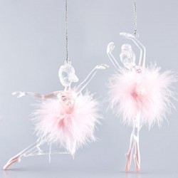BALLERINA ACRYLIC TRANSPARENT, WITH PINK FEATHERS, 2 DESIGNS, 9,5x13,6cm, PRICE PER PIECE 600-40786
