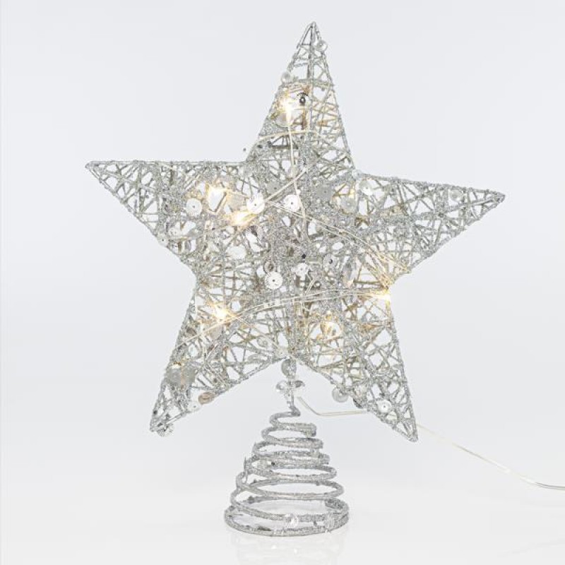 LIGHTED TOP TREE, SILVER WITH THREAD AND SEQUINS, WITH 10 WARM WHITE LED, BATTERY OPERATED, 25,4cm 600-40965
