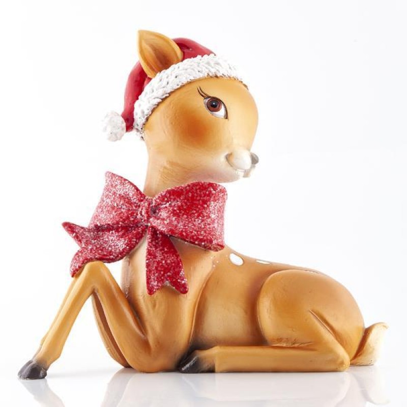 DECORATIVE FAWN, WITH RED CAP AND BOW, 15x7,1x14cm 600-41154