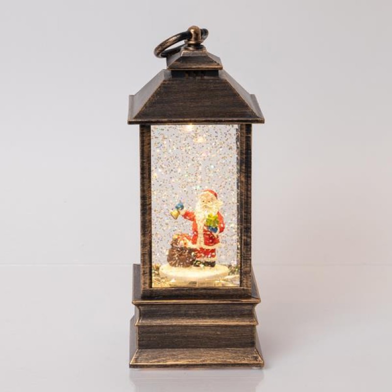 PLASTIC LANTERN WITH SANTA, VINTAGE BROWN, LIGHTED, WITH WATER, BATTERY OPERATED, 1 WARM WHITE LED, 9x9x22cm 600-41223