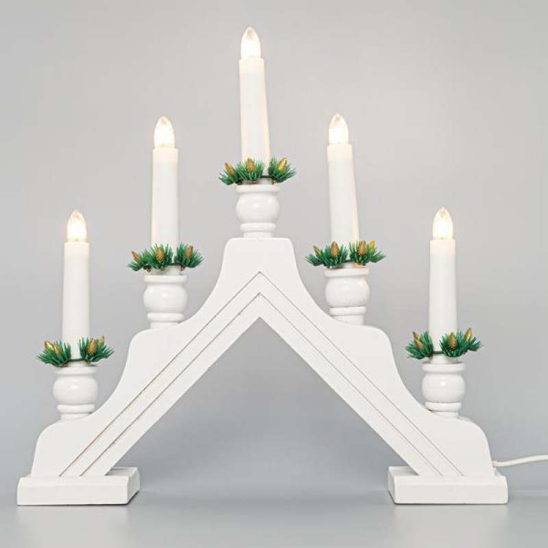 WHITE WOODEN CANDLESTICK, 230V, WITH 5 WHITE CANDLES, WARM WHITE, 32x4,8x32,5cm 600-41602
