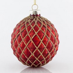 RED GLASS BALL, WITH HONEYCOMB EFFECT, WITH GOLD DETAILS, SET 4PCS, 8cm 600-42286