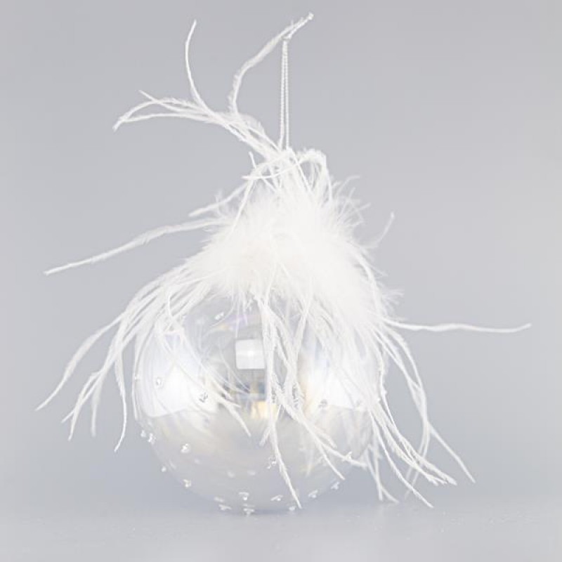 GLASS TRANSPARENT BALL, RELIEF WITH FEATHERS, SET 4PCS, 10cm 600-42464
