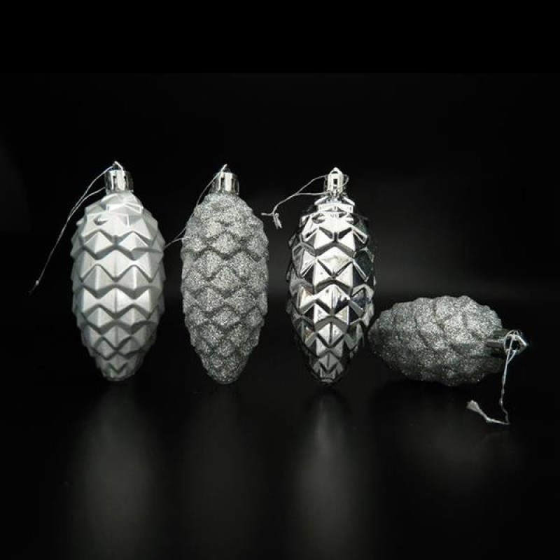 PLASTIC SILVER PINE CONES, SET 4PCS, 9x4cm 600-42560