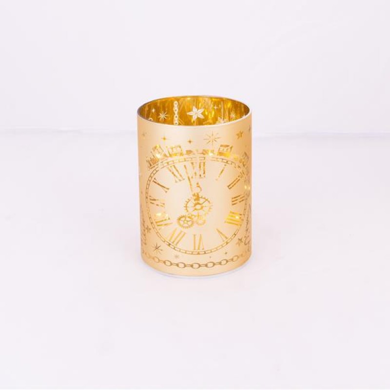 LIGHTED GLASS DECORATIVE, GOLD, WITH WATCH SCENE, 9x12cm 600-42848