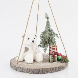 HANGING DECORATIVE IN WOODEN BASE, WITH BEAR, CYPRESS AND GIFT BOXES, 38x36cm 600-43237