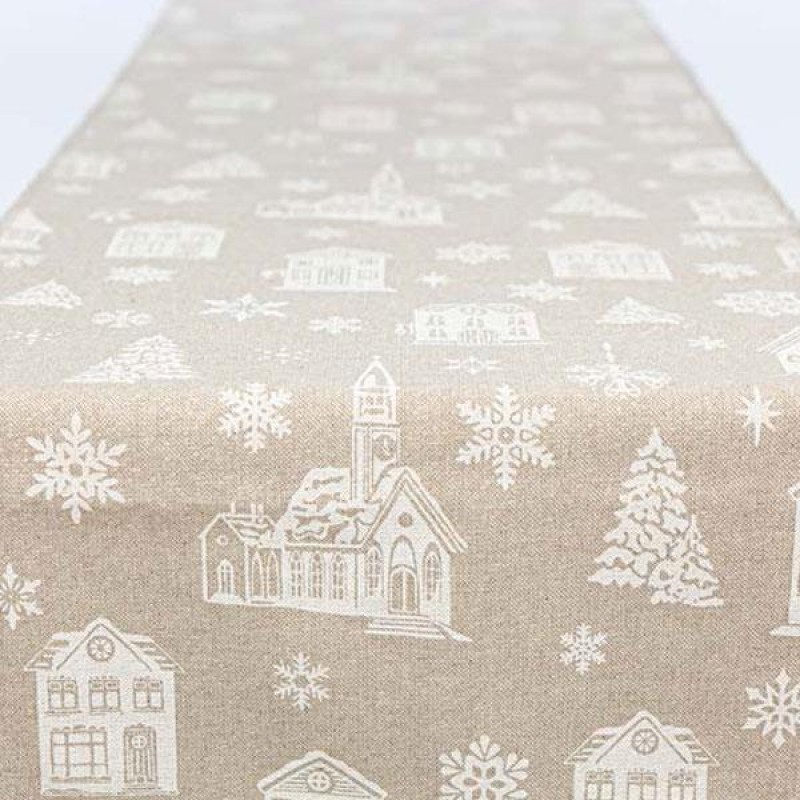 TABLE RUNNER, BEIGE WITH WHITE HOUSES, 35x150cm 600-43280