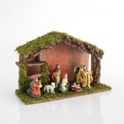 WOODEN STABLE WITH 7 PORCELAIN FIGURES, 28x10x18cm 600-44531