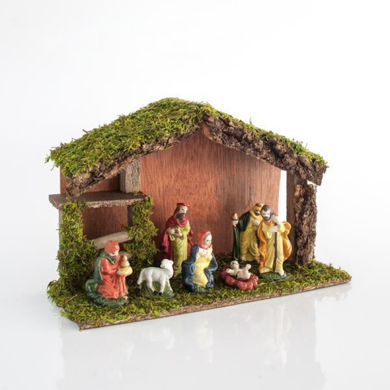 WOODEN STABLE WITH 7 PORCELAIN FIGURES, 28x10x18cm 600-44531