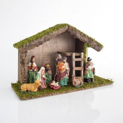 WOODEN STABLE WITH 9 PORCELAIN FIGURES, 40x15x25cm 600-44532