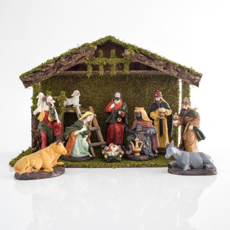 WOODEN STABLE WITH 9 PORCELAIN FIGURES, 54x22x36,5cm 600-44533