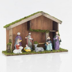 WOODEN MANGER WITH 8 PORCELAIN FIGURES, 35x13x23cm 600-44541