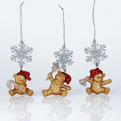 ACRYLIC ORNAMENT, GOLD BEAR WITH SNOWFLAKE, WITH GLITTER, 6x9,8cm 600-44617