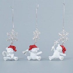 ACRYLIC ORNAMENT, WHITE BEAR WITH SNOWFLAKE, WITH GLITTER, 6x9,8cm 600-44618