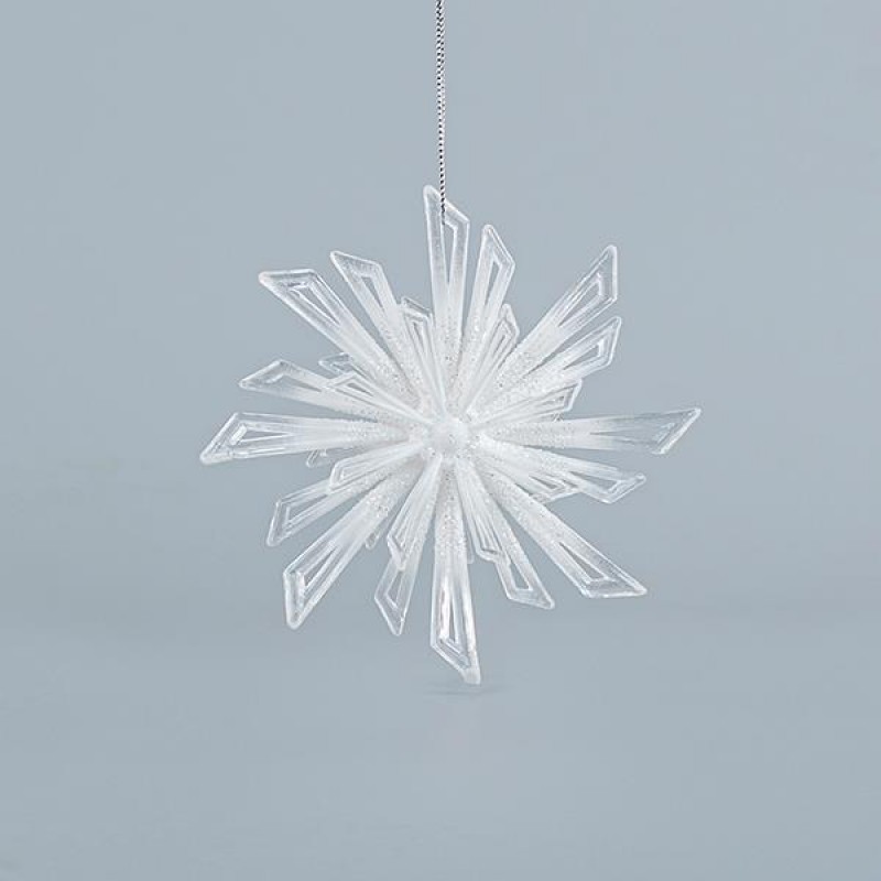 ACRYLIC SNOWFLAKE, WHITE WITH SILVER GLITTER, 12,5x12,5cm 600-44638