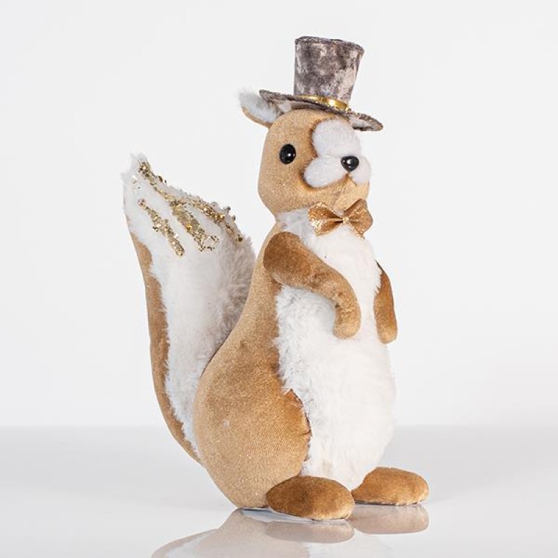 VELVET SQUIRREL WITH HAT, MOCHA, 15x27cm 600-44698