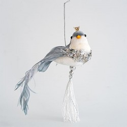 VELVET HANGING BIRDIE, WITH BLUE FEATHERS AND GLITTER, 14x16cm 600-44746