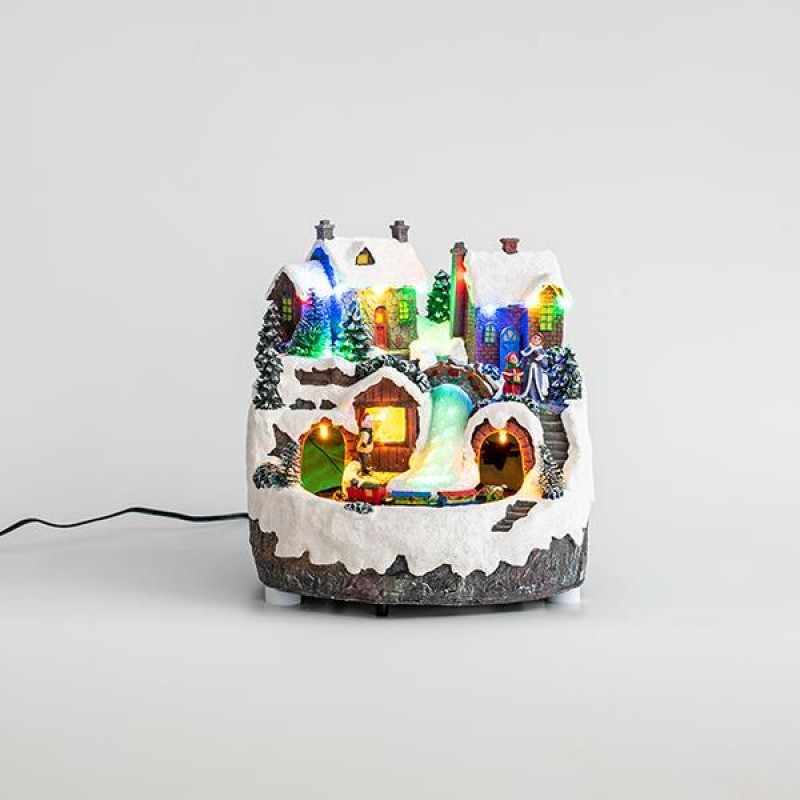 SNOWY VILLAGE WITH TRAIN, 13 LED, WITH ADAPTOR, WITH MOVEMENT, 22x22x21cm 600-44843