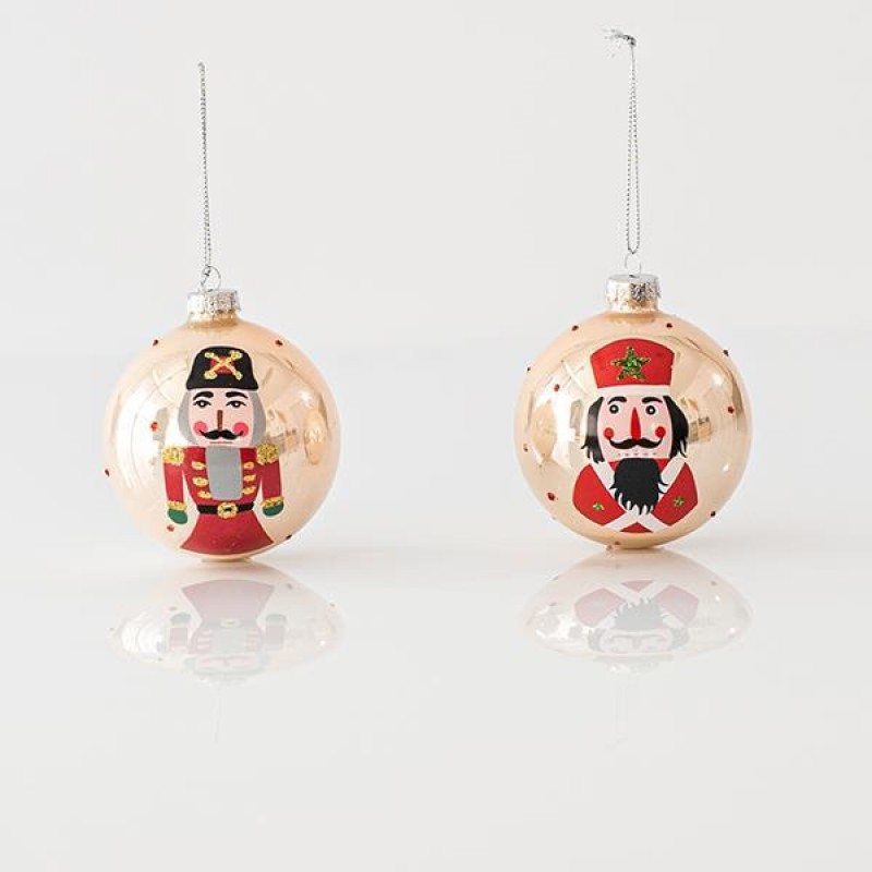 GLASS BALL, LIGHT GOLD, WITH NUTCRACKER, 2 DESIGNS, SET 4PCS, 8cm 600-45047