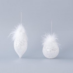 GLASS ORNAMENT, WHITE WITH FEATHERS AND SEQUINS, IN 2 SHAPES, SET 4PCS, 8cm 600-45051