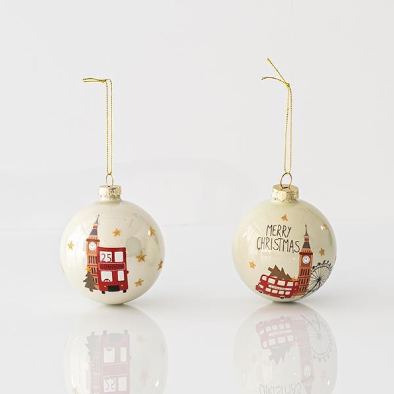GLASS BALL, BIG BEN, 2 DESIGNS, SET 4PCS, 10cm 600-45063