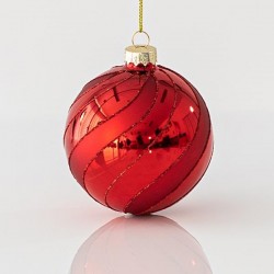 GLASS BALL, RED SHINY, WITH RED MATTE LINES, SET 4PCS, 8cm 600-45066