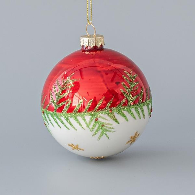 GLASS BALL, RED-WHITE, WITH GREEN GLITTER LEAVES, SET 4PCS, 10cm 600-45069