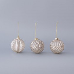 GLASS BALL, ANTIQUE, WITH CHAMPAGNE GLITTER, 3 DESIGNS, SET 4PCS, 8cm 600-45071