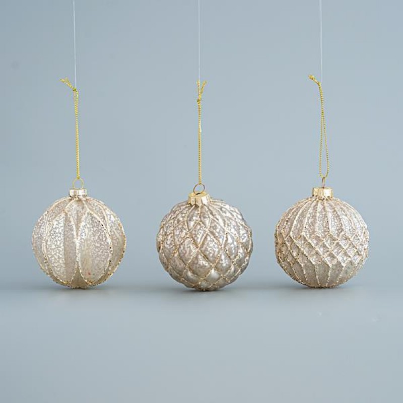 RAISED GLASS BALL, SILVER AND CHAMPANGE, SET 4PCS, 8cm 600-45073