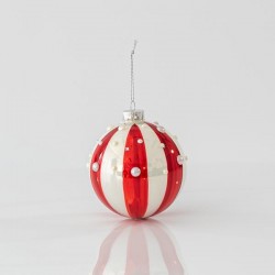 GLASS BALL, WHITE-RED, WITH BEADS, SET 4PCS, 10cm 600-45087