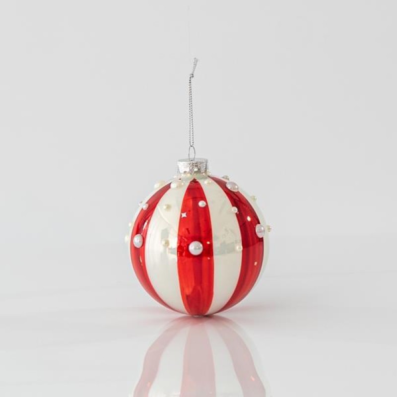 GLASS BALL, WHITE-RED, WITH BEADS, SET 4PCS, 10cm 600-45087