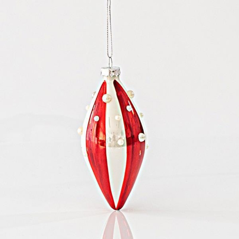 GLASS ORNAMENT, WHITE-RED, WITH BEADS, SET 4PCS, 6x13cm 600-45088