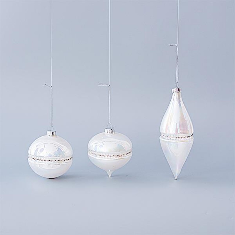 GLASS ORNAMENT, PEARL WHITE, WITH GLITTER LINE, 3 SHAPES, SET 4PCS, 8 AND 13cm 600-45090