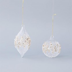 GLASS ORNAMENT, TRANSPARENT, WITH CHAMPAGNE GLITTER, BEADS AND SEQUINS, 2 SHAPES, SET 4PCS, 8 AND 13cm 600-45092