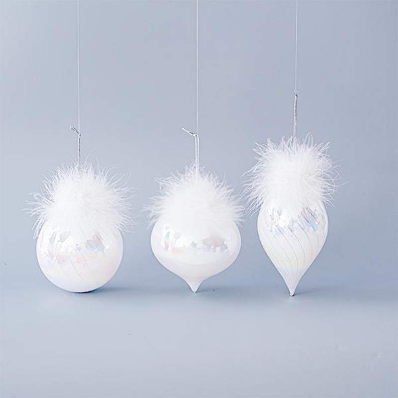 GLASS ORNAMENT, PEARL WHITE, WITH FEATHERS, 3 SHAPES, SET 4PCS, 10cm 600-45093