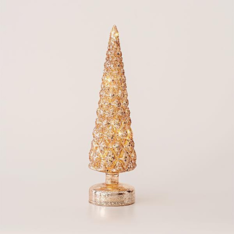 GLASS LIGHTED TREE, GOLD, BATTERY OPERATED, WITH GLITTER, 9x34cm 600-45146
