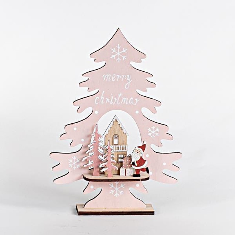 WOODEN TABLE DECORATIVE, PINK, WITH TREE AND SANTA, 21x5x29,5cm 600-45226