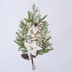TWIG, WITH WHITE FLOWER, PINE CONE AND DECORATIVES, 70cm 600-45342