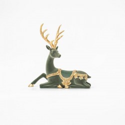 SITTING REINDEER, OLIVE GREEN, VELVET, WITH GOLD HORNS, 26cm 600-45512