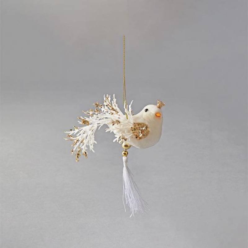 VELVET HANGING BIRDIE, WHITE, 13x14cm 600-45564