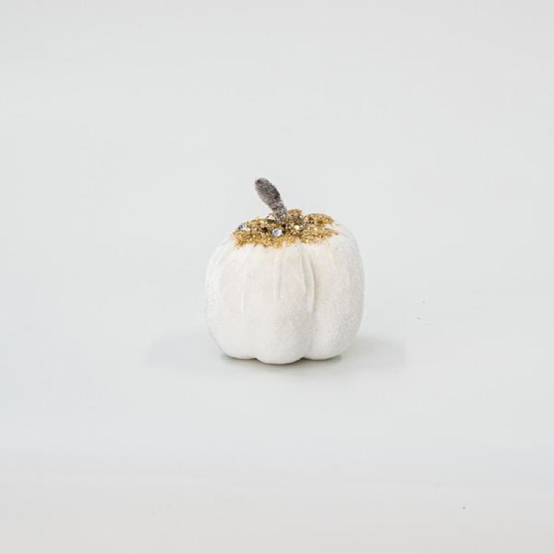 VELVET PUMPKIN, WHITE, WITH GOLD GLITTER, 8cm 600-45583