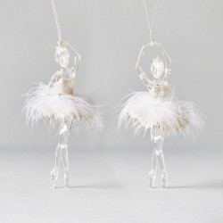 BALLERINA ACRYLIC TRANSPARENT, WITH CHAMPAGNE SKIRT AND WHITE FEATHERS, 2 DESIGNS, 7,5x17cm, PRICE PER PIECE 600-45595