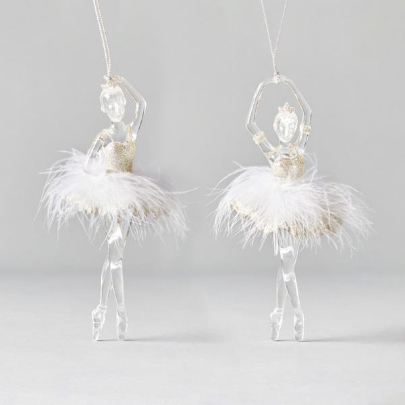BALLERINA ACRYLIC TRANSPARENT, WITH CHAMPAGNE SKIRT AND WHITE FEATHERS, 2 DESIGNS, 7,5x17cm, PRICE PER PIECE 600-45595