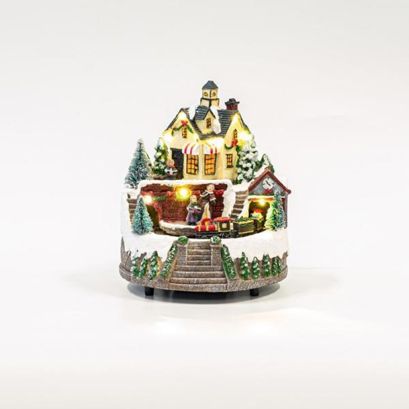 CHRISTMAS RAILROAD STATION, WITH ADAPTOR, 9 LED, WITH MUSIC AND MOVEMENT, 17x16,5x20cm 600-45619