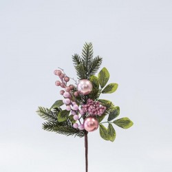 TWIG, WITH PINK FLOWER AND DECORATIVES, 40cm 600-45666