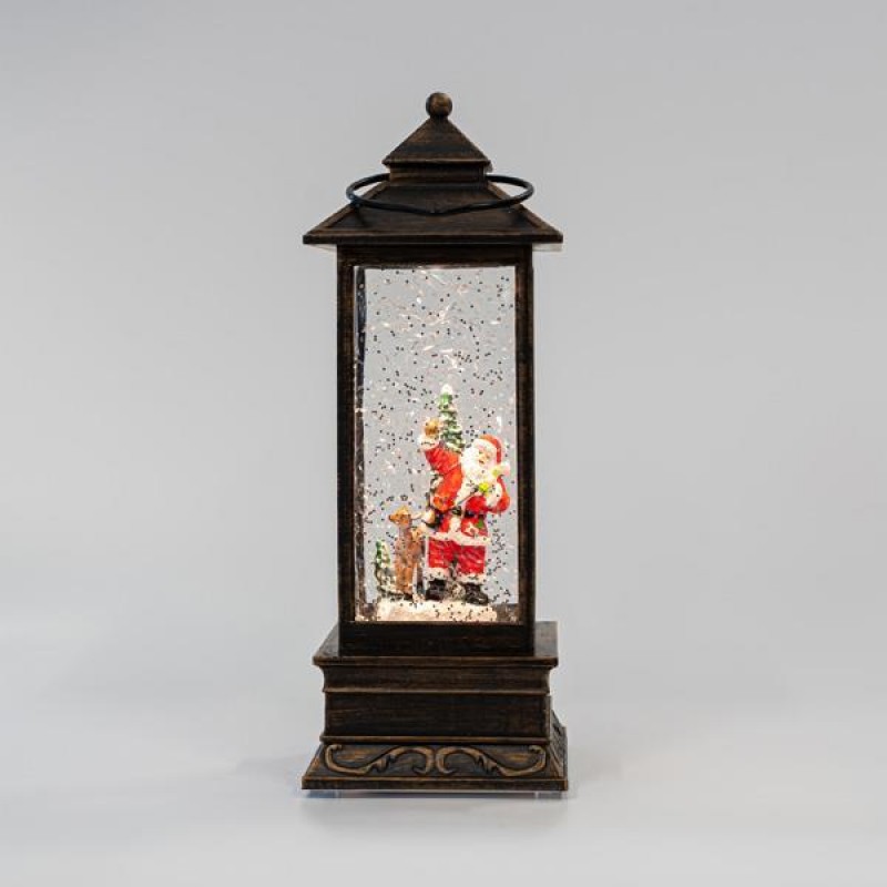 PLASTIC LANTERN WITH SANTA, VINTAGE BROWN, LIGHTED, WITH WATER, BATTERY OPERATED, 1 WARM WHITE LED, 10,5x10,5x28cm 600-45704