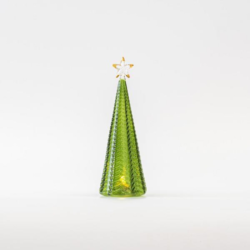 LIGHTED GLASS TREE, GREEN, WITH TOP TREE, BATTERY OPERATED, 8x23,5cm 600-45733