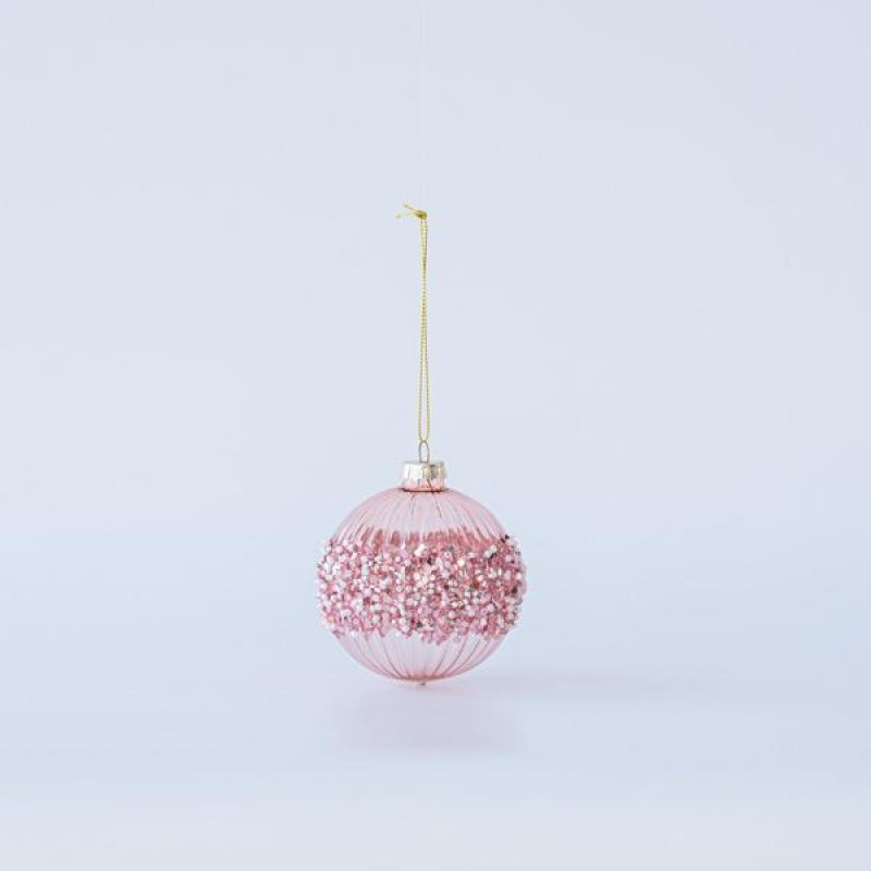 GLASS BALL, PINK MATTE, WITH BEADS AND GLITTER, SET 4PCS, 8cm 600-45739