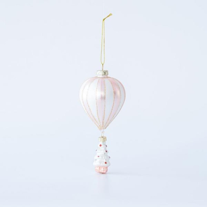 GLASS ORNAMENT, WHITE-PINK, HOT AIR BALLOON, 7x15,5cm 600-45747