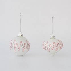 GLASS BALL, WHITE WITH GLITTER DESIGNS, 2 SHAPES, SET 4PCS, 10cm 600-45748